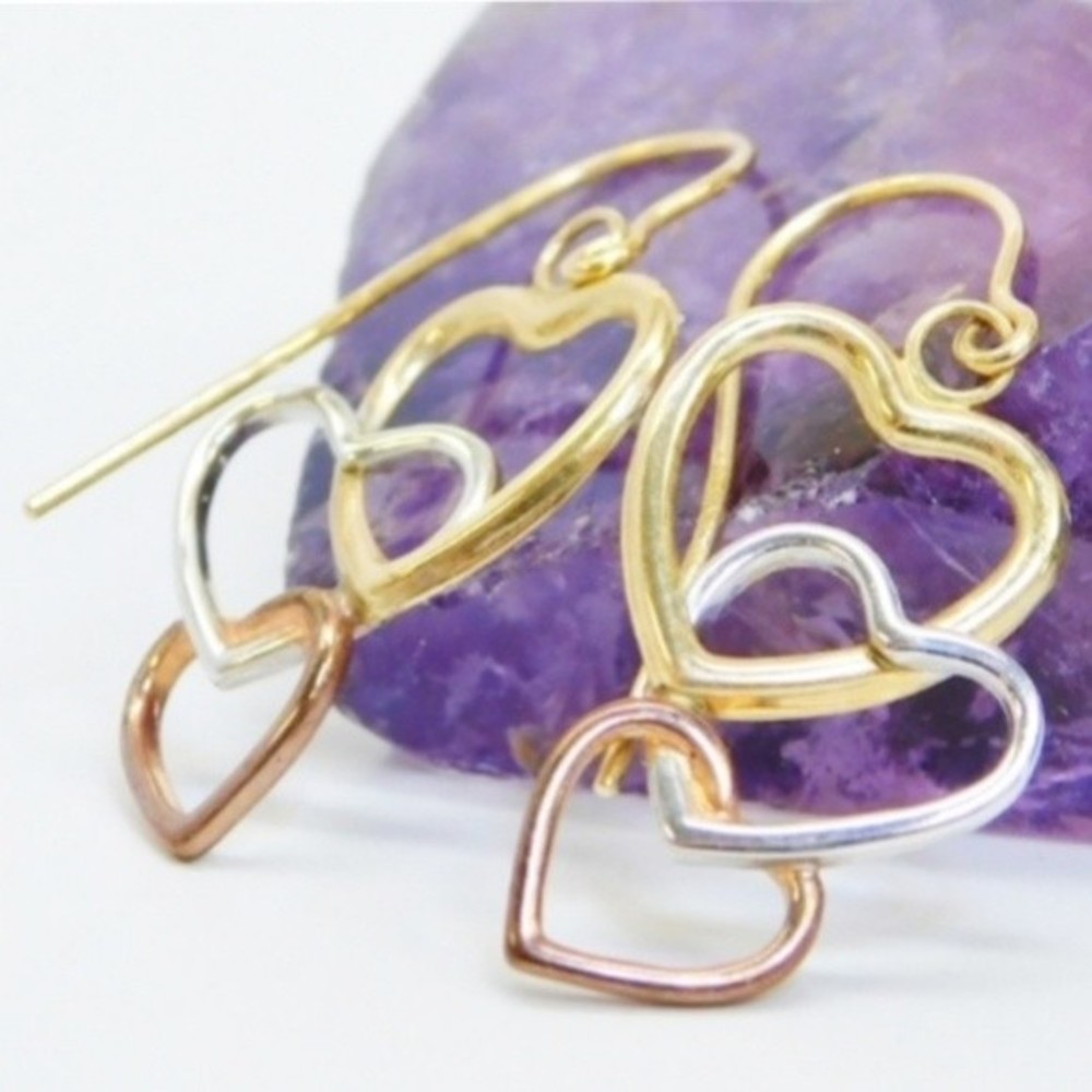 10k Solid Gold Open Hearts Dangle Drop Earrings Y… - image 2